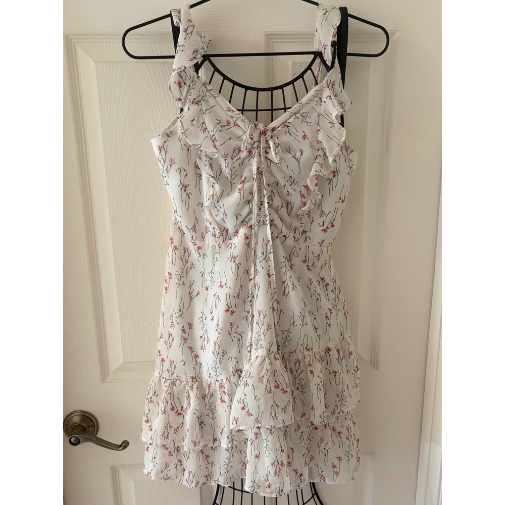 Hayden Los Angeles Women M Floral Ruffle Tie Front Tiered Mini Dress White